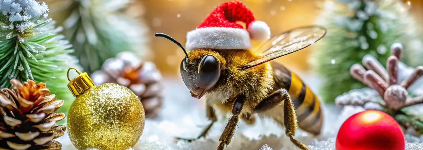 Biene mit Nikolaus-Mütze vor weihnachtlicher Dekoration